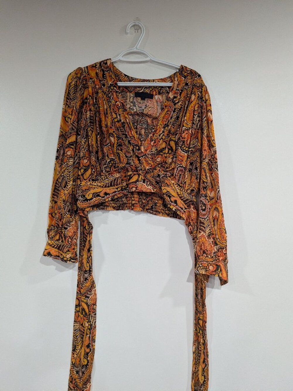 Rachel Roy Patterned Cropped Wrap Blouse Orange Black Size Medium